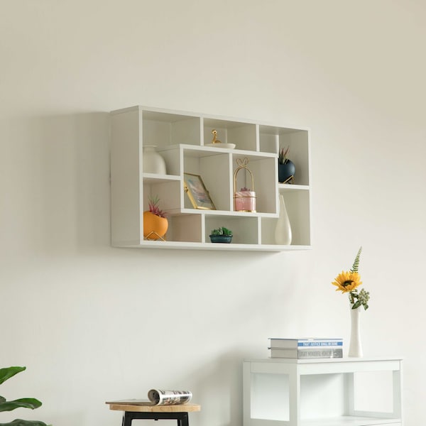 Modern 8 Tier Bookcase Wall Mount And Freestanding Storage Shelves For Decoration Display, White